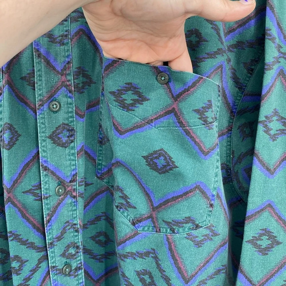 Larry Mahan Button Down Shirt Mens Size Large Green Blue Vintage Rodeo Geometric - Picture 4 of 11